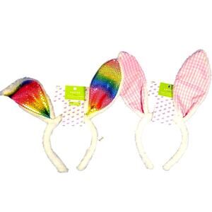 2 Bunny Ear Headbands – NWT – Rainbow Sequins & Pink Gingham
